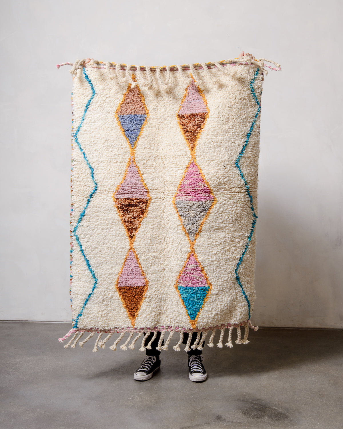 Modern, designer, handcrafted Berber rug from Morocco. Beniourain carpet with beautiful colours and patterns and fluffy wool texture.